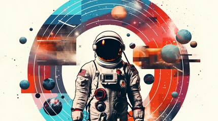 A creative collage style concept featuring an astronaut and various elements related to space. Isolated on a white background.