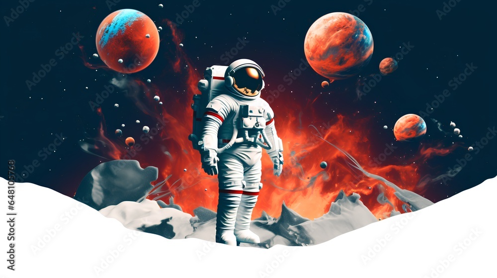 Wall mural the concept of space exploration. an astronaut in a spacesuit in the vast expanse of space. abstract