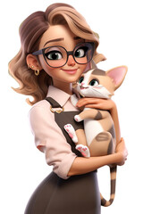 Cartoon woman animal shelter worker character isolated. Pet shop or grooming. Cat sitter, breeder holds little cat. Ai generative on transparent png background