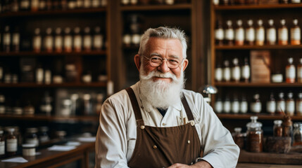 Portrait of senior  male pharmacist standing with arms crossed in historical pharmacy  , ai generated 