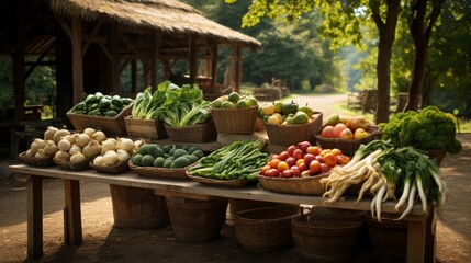 a neatly arranged display of farm-fresh vegetables at a quaint roadside stand in the countryside