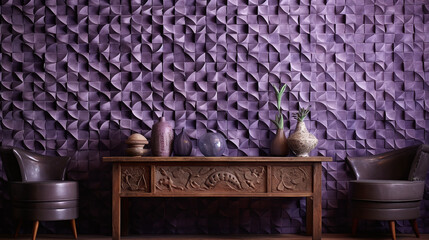 Purple wall with intricate shapes with chairs and table