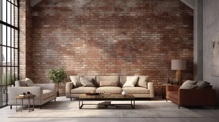 Brick wall interior design with furniture