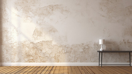 Dimpled and pitted plaster wall with a lamp on a table - obrazy, fototapety, plakaty