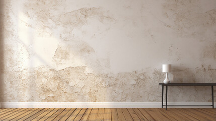 Dimpled and pitted plaster wall with a lamp on a table