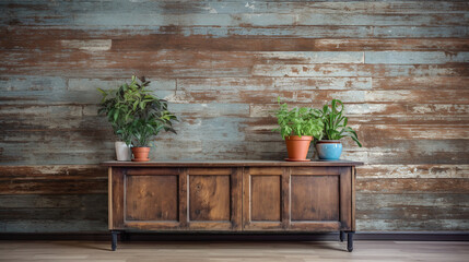 Wooden wall with potted plants