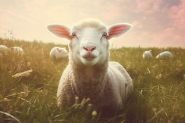 Obraz premium lamb sun field animal green sheep farm wool grass meadow. Generative AI.