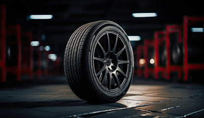 Garage and changing wheel alloy tire. Repair or maintenance auto service. digital ai 