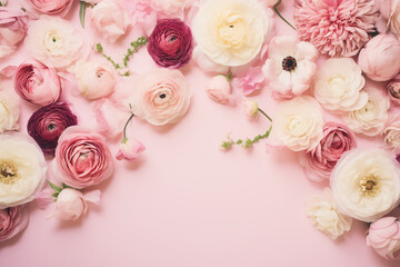 peonies and ranunculus flowers on a pastel pink background with copy space