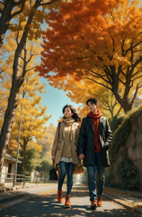 Obraz premium Stylish young couple outdoors on a beautiful autumn day in the forest. Young couple in love holding hands and walking through a park on a autumn day.