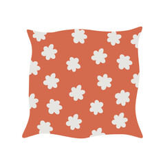 Red pillow with white flowers. Bed, comfort, home decor.Simple vector illustration isolated on white background