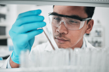 Lab scientist, test tube and face of man in laboratory studying chemical analysis, pharma research...
