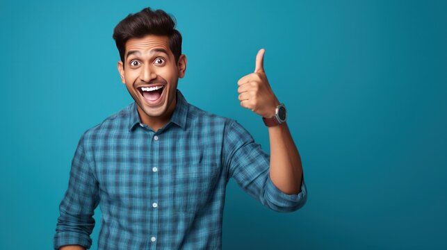 Successful Excited Happy Fun Employee Business Indian Man He Wearing Casual Blue Checkered Shirt Pointing Pencil Finger Up With New Great Idea Sit Work At Office Desk With Laptop Pc Computer Indoors