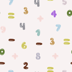 Seamless pattern with hand drawn numbers. Vector background with colorful pastel numbers on a soft pink background