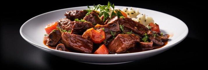 Beef Bourguignon On White Smooth Round Plate On Isolated Background French Dish