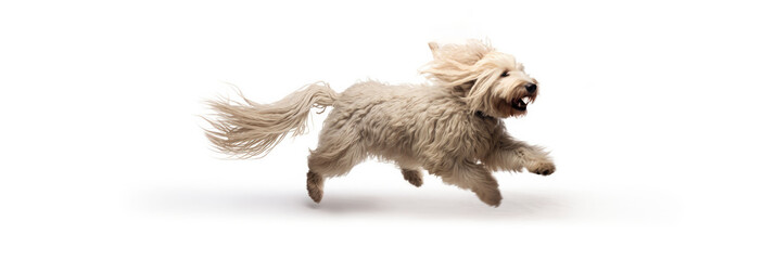Jumping Moment, Komondor Dog On White Background Jumping Moment, Komondor Dogs, White Backgrounds, Exercise, Training, Grooming, Pet Care, Breeds - obrazy, fototapety, plakaty