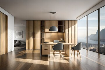 Modern empty room with gray slat wall and built-in wooden cabinet. 3d rendering  3D render 