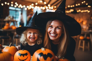 Happy family preparing for Halloween! Young mom and her kid in carnival costumes celebrate the holidays. - obrazy, fototapety, plakaty