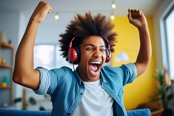 Happy funny gen z hipster African American teen guy wearing headphones dancing at home - obrazy, fototapety, plakaty