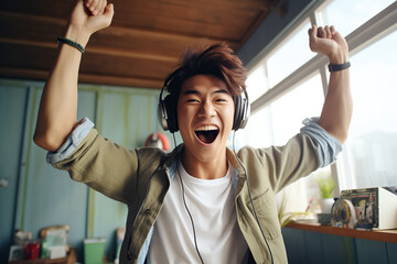 Happy funny gen z Asian teen guy wearing headphones dancing at home