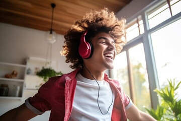 Happy funny gen z Latin teen boy wearing headphones dancing at home and listening music