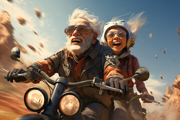 Old Couple riding bicycles outside of the city and wearing helmets and sunglasses - obrazy, fototapety, plakaty