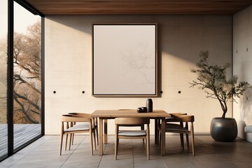 Modern Aesthetic Dining Room Interior Design with Blank Poster Created with Generative AI