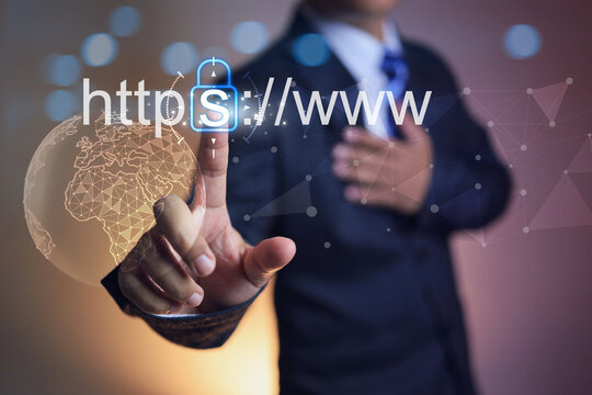 Businessman touch on security https www choosing a domain type is more secure to increase security. Encrypted communication protocol using Asymmetric Algorithm. hand touch on chest gesture of trust