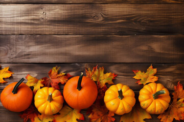 halloween season leaf autumn decoration orange background pumpkin fall wooden wood. Generative AI.