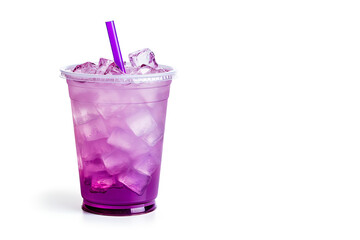 Purple drink in a plastic cup isolated on a white background. Take away drinks concept with copy space
