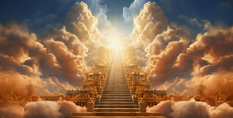golden buddha statue, cloud stairway to heaven heavenly gates of saint peter hd wallpaper