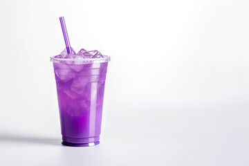 Purple drink in a plastic cup isolated on a white background. Take away drinks concept with copy space