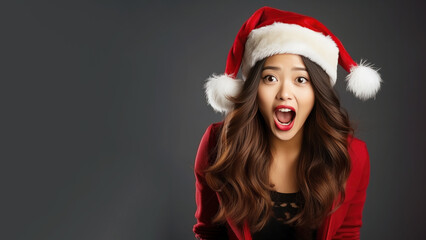 Asian girl surprise face in santa claus red hat, Christmas sale gift
