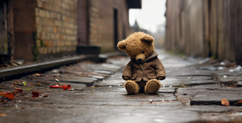 a poor little teddy bear alone in street he's crying hd wallpaper