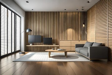 Modern empty room with gray slat wall and built-in wooden cabinet. 3d rendering  3D render 