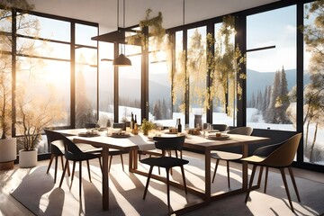 A design house's sunlit dining area, with a large window that captures the changing seasons of the Scandinavian landscape - obrazy, fototapety, plakaty