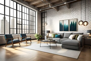 3d rendering interior of cozy living room. Remote working and work from home as an office is a new...