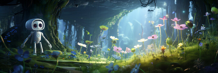 Fantasy world panorama banner with a little robot on another planet with alien plants and forest