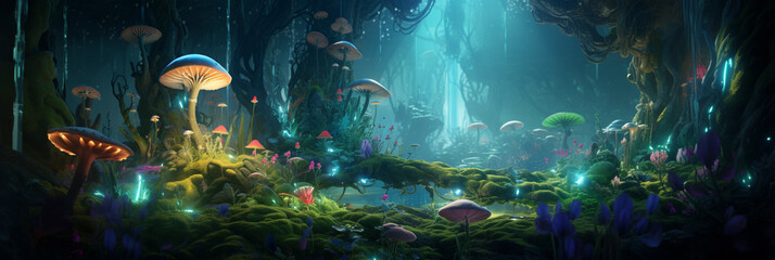 Fantasy world panorama banner with a mushroom on another planet with alien plants and forest - obrazy, fototapety, plakaty