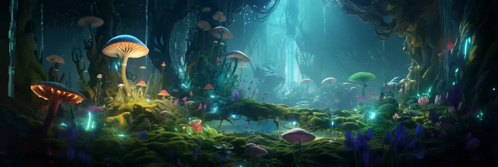 Fototapete Fantasielandschaft Fantasy world panorama banner with a mushroom on another planet with alien plants and forest