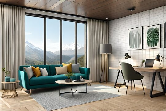 3d rendering interior of cozy living room. Remote working and work from home as an office is a new business trend. Home office is a safe place to work.