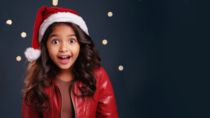 Indian girl surprise face in santa claus red hat, Christmas sale gift