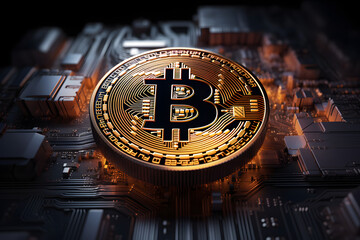 Golden Bitcoin on a circuit system - Cryptocurrency Concept - Blockchain Technology Revolution