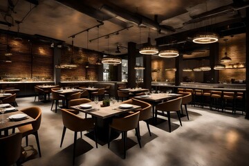 Create an upscale urban restaurant with dimmed lighting, polished concrete floors, and gourmet dishes on the table.