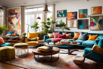 Create a vibrant and eclectic living space with a mix of colors, patterns, and art pieces that tell a unique story.