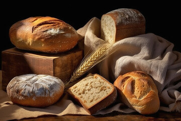 Types of bread product display. Freshly baked loaf of bread
