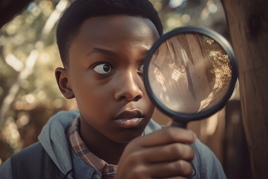 Black boy looking magnifier. Generate Ai