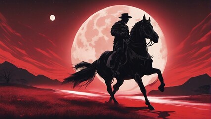 A man riding a horse in the night with full moon in the background