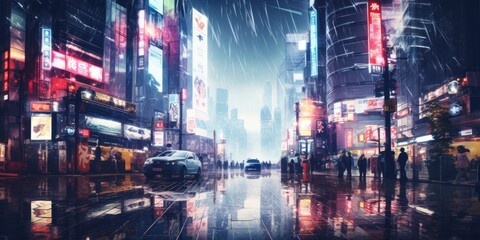 a busy Tokyo city cross road at night time, futuristic, generative AI