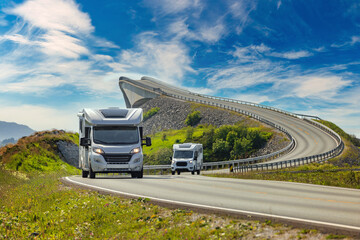 Caravan car RV travels on the highway Atlantic Ocean Road Norway. - 648112192